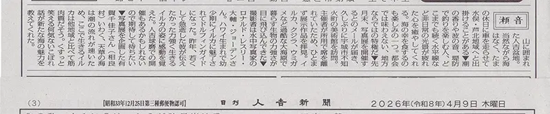 不知火美術館・図書館で開催のDolphin Eyesの展示会について、2026年4月9日人吉新聞の瀬音にてご紹介いただきました。